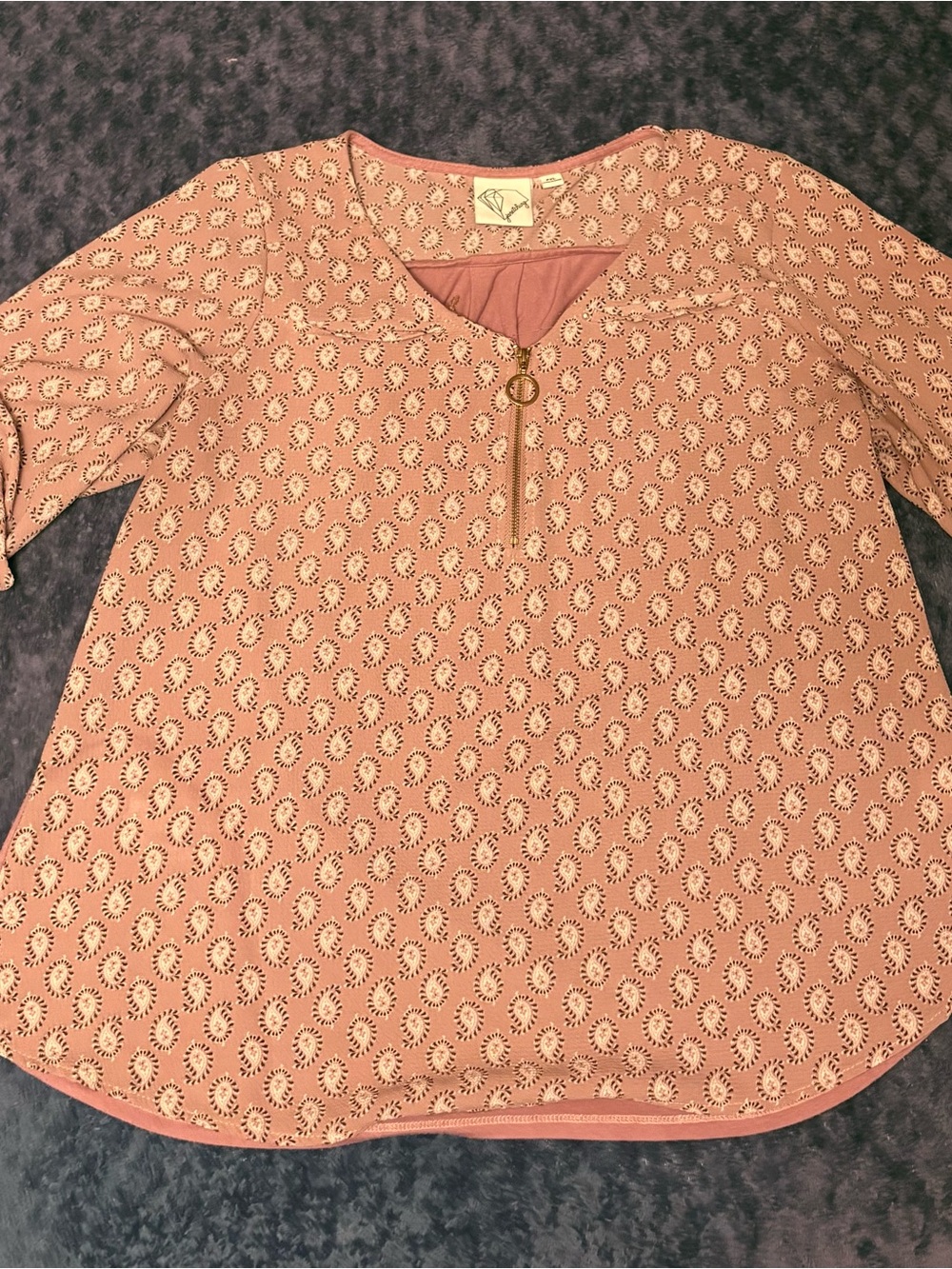 Janet Chung Dusty RosePink Paisley V-Neck Half Zip 3/4 Sleeve Blouse Women’s PXL